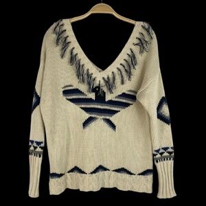 CHASOR Cream Eagle Star Fringe V Neck Knit Sweater Women Size S Southwestern